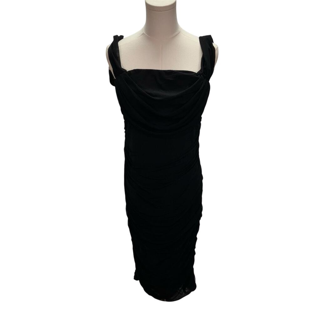New Pretty Garden Ruched Bodycon Midi Dress Womens Large Black Sexy Cocktail